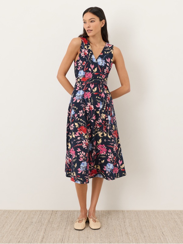 Pact Organic Cotton Floral V-Neck Midi Dress In Navy